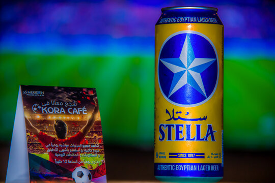 Illustrative Editorial branded photography, a cold beer can in a bar with blurred background shots is selective focus with shallow depth of field. taken at Cairo Egypt on 14 June 2018