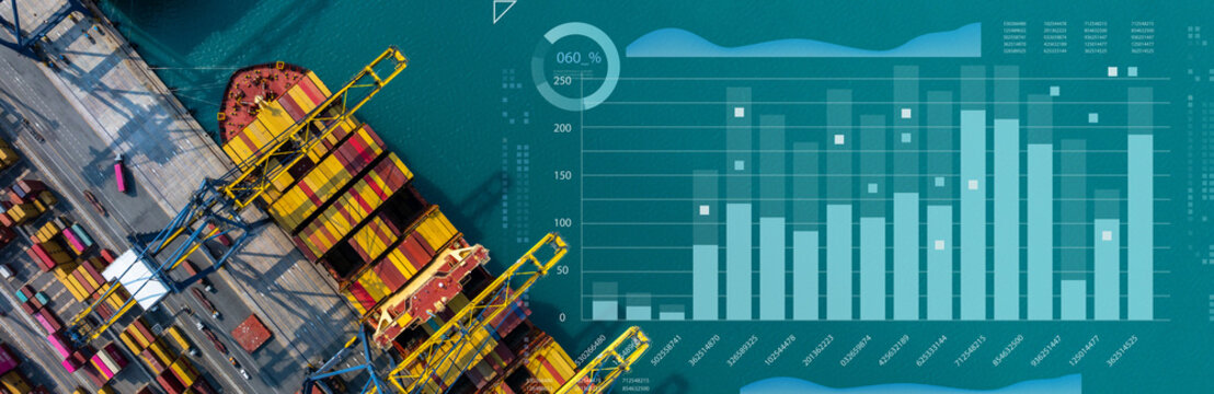 Aerial view Container cargo ship loading unloading container import export sea port, Global trade business container cargo ship freight shipping commercial trade logistic transportation international.