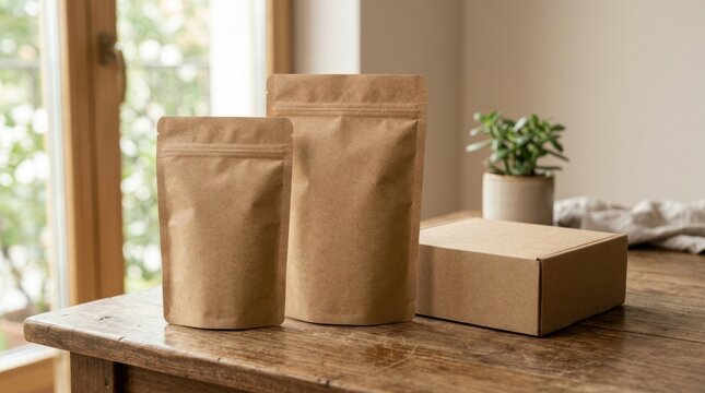Blank kraft paper pouches and box packaging setup for product display
