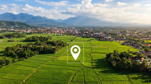 Aerial view of a town and rice paddies with a location pin marker travel and tourism