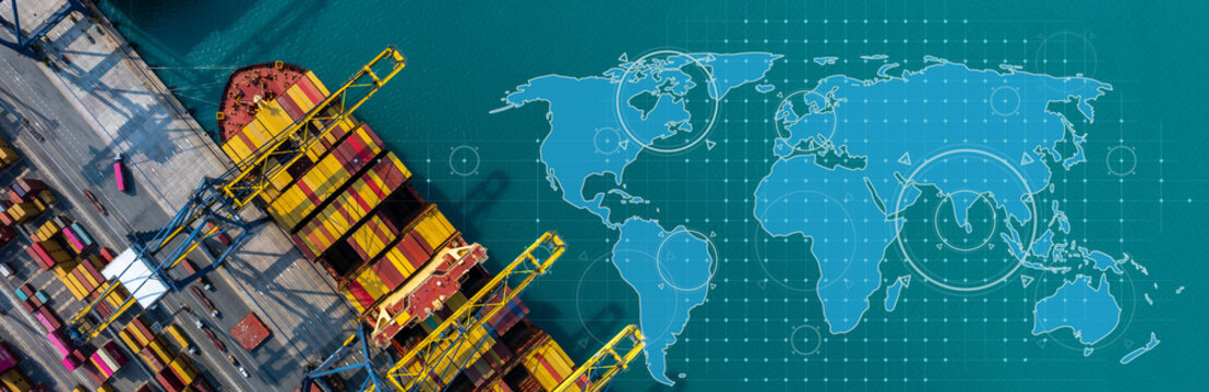 Aerial view Container cargo ship loading unloading container import export sea port, Global trade business container cargo ship freight shipping commercial trade logistic transportation international.
