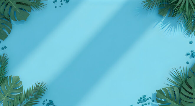 Top view of a light blue background with tropical palm leaves framing the edges creating a soft summer border effect