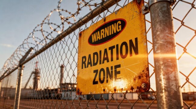 Yellow radiation zone warning sign on a high-security chain-link fence with razor wire. Rusty metal placard stands before an industrial facility at sunset. Nuclear hazard and safety concept.