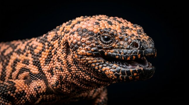 Close-up portrait of a vibrant bearded dragon lizard against dark background.