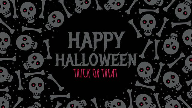 A 4K seamless looping Halloween animation featuring grey skulls with glowing red eyes framing Happy Halloween Trick or Treat typography on a black backdrop. Perfect spooky title card.