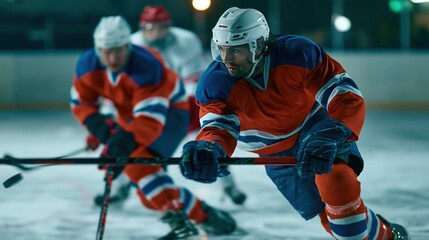 Naklejka premium Hockey teammates executing fast pass under pressure from opponent on rink