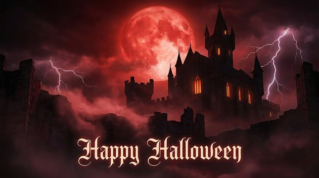 A spooky haunted castle under a glowing red moon wishing everyone a very happy halloween night scene