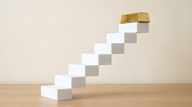 Gold bar on white block staircase for financial success and growth concept.