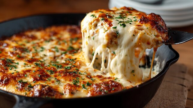 Baked Mac and Cheese with Melted Cheese Pull in Skillet, Comfort Food Close-Up