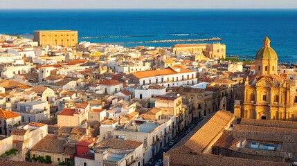 Naklejka premium painterly. Mediterranean coastal town with terracotta rooftops, bathed in golden hour light. tourism brochures.