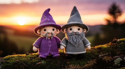 Fototapeta premium Two crocheted wizard figurines standing on a mossy log at sunset. Handmade amigurumi characters in purple and gray robes. Magical handicraft concept, ideal for hobby blogs and fantasy marketing.