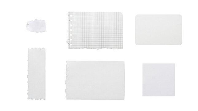 Paper scraps including grid sheets and blank rectangles are arranged on a clean white background.