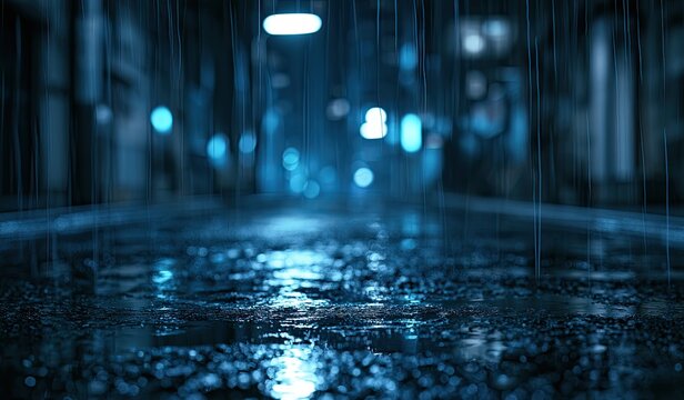 Wet city street at night, rain falling, blue lights reflecting