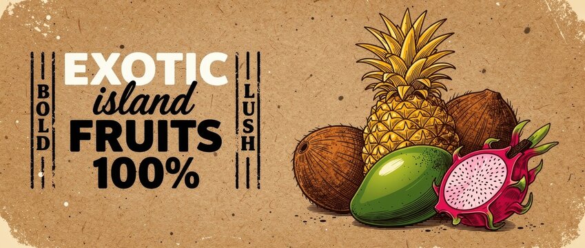 Tropical fruit illustration with pineapple and dragon fruit on kraft paper. Vintage design with "Exotic island Fruits" text and rustic texture. Organic branding concept for packaging and labels.