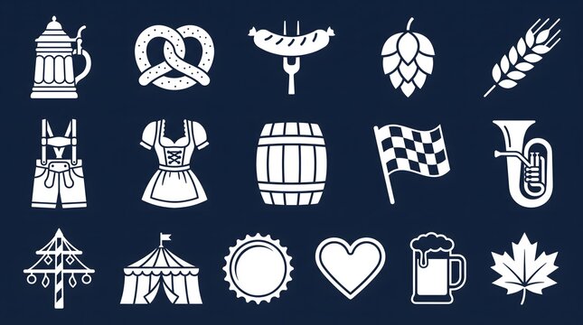 Set of oktoberfest related symbols and icons in flat white silhouette style on dark blue background.