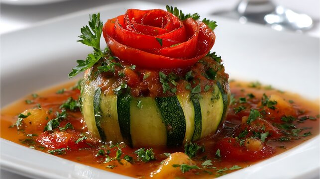Stuffed Zucchini with Tomato Rose and Parsley on Plate, Gourmet Vegetable Dish Close-Up