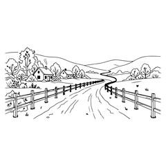 Fototapeta premium Rustic country road with wooden fence and farmhouse