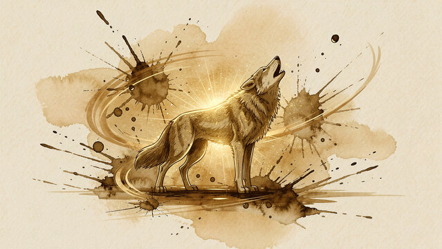 Wolf howling in vintage ink splash style. Majestic predator with sepia tones and glowing light. Wild nature concept, ideal for rustic decor and artistic branding.