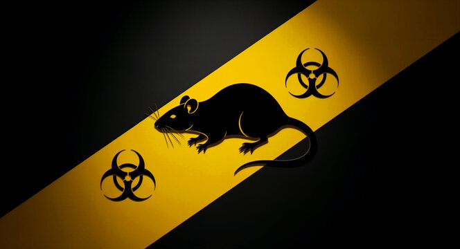 Black rat silhouette on yellow caution stripe with biohazard symbols. Minimalist graphic featuring disease vector icons. Biological hazard concept, ideal for safety and health awareness campaigns.