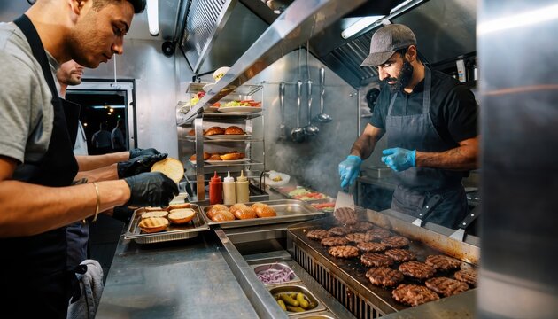Chefs preparing fresh burgers in a modern food truck kitchen. A cook flips patties on a grill while colleagues assemble buns. Street food business and hospitality concept, ideal for marketing.