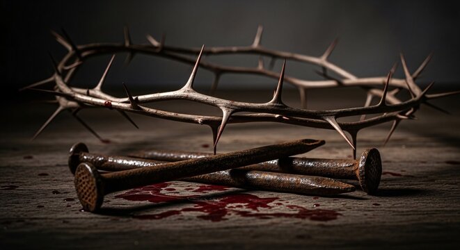Dark dramatic scene featuring a crown of thorns resting on a wooden cross with bloodstains on a dark background creating a powerful symbolic image for religious or spiritual themes