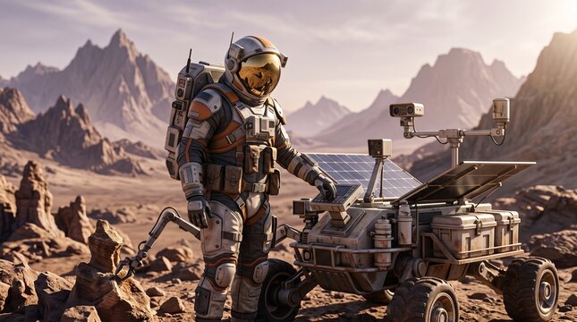 Astronaut in a rocky Martian landscape with rover