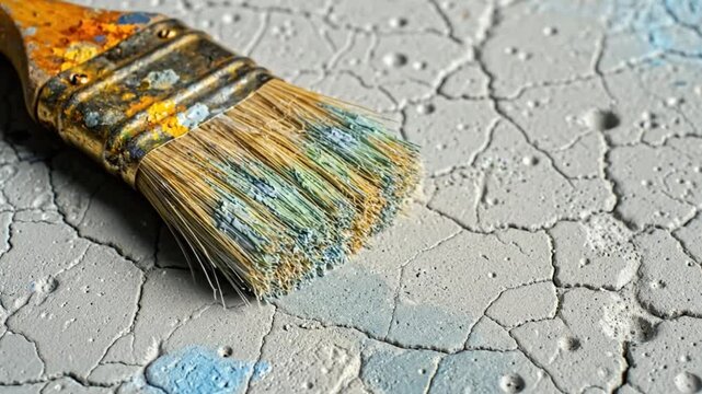 Close-up of a well-used paintbrush resting on a cracked and weathered surface covered in paint.