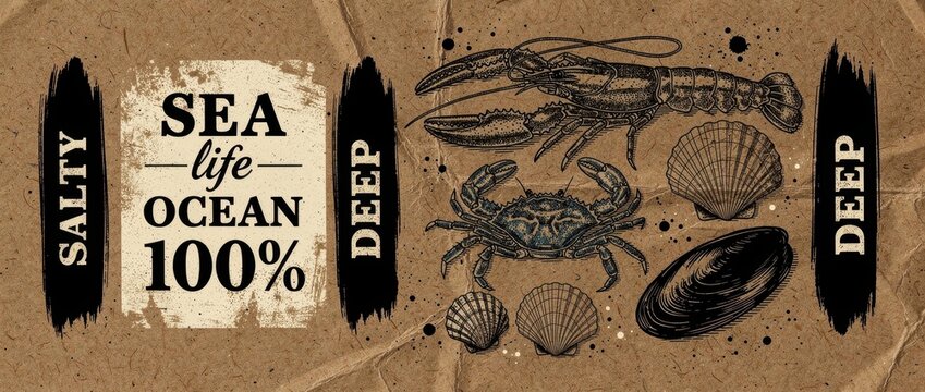 Vintage seafood illustration with lobster, crab, and shells on craft paper. Hand-drawn nautical sketch featuring marine life and rustic typography. Retro ocean design for restaurant branding.