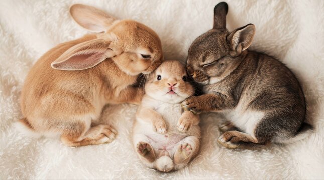 Three cute baby rabbits cuddling together on a soft white blanket. Tiny bunnies resting peacefully with one lying on its back. Easter holiday and animal family concept, ideal for pet care marketing.