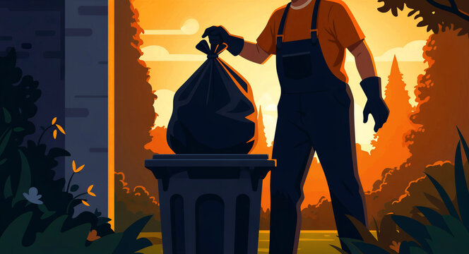 Man in overalls putting a black trash bag into a bin outdoors. Garbage collector performing waste management tasks during sunset. Sanitation service concept, ideal for maintenance and hygiene ads.