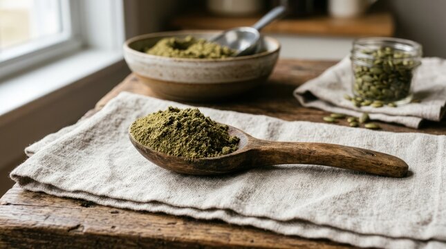 Natural green powder in a wooden spoon on a rustic table, ready for use