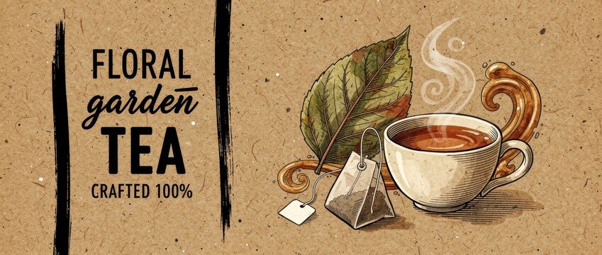 Hot cup of floral tea with steam and tea bag on kraft paper. Artistic hand-drawn illustration featuring a rustic organic aesthetic. Vintage beverage banner ideal for herbal product packaging.