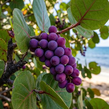 Vibrant purple grapes ripen on a leafy vine with a blurred beach and ocean in the background.