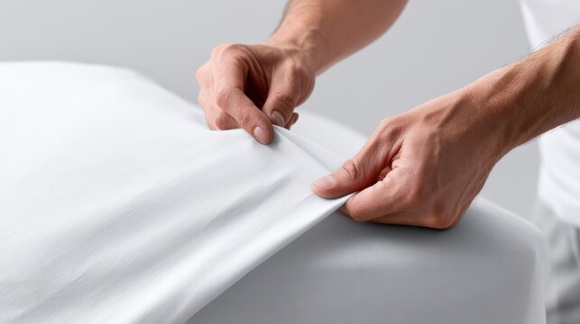 A person's hands are shown tucking in a white bedsheet, creating a neat and smooth surface. The focus is on the action of making a bed, highlighting domestic care and comfort