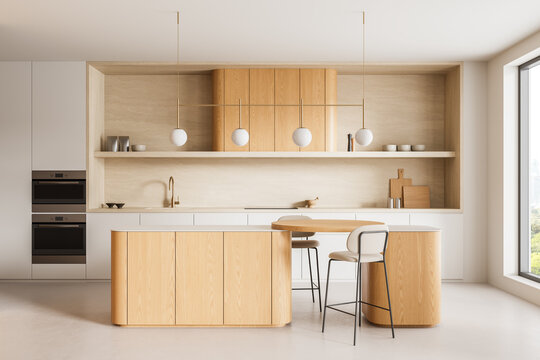 Contemporary wood kitchen interior with island, pendant lighting, built-in cabinetry, dining stools, and minimalist architectural design. 3D Rendering