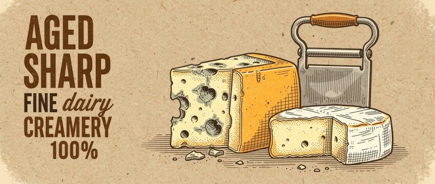Vintage illustration of aged cheese blocks and slicer on craft paper. Hand-drawn Swiss and brie with rustic creamery typography. Retro food label concept for artisan dairy marketing.