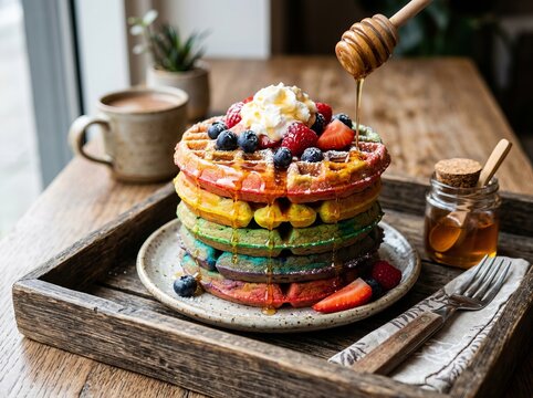 Stack of colorful rainbow waffles topped with fresh berries and whipped cream, drizzled with honey.