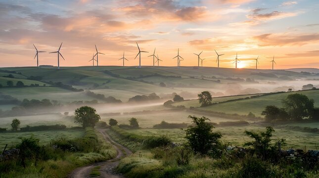Wind farm turbines in rolling green hills at golden hour sunrise with renewable