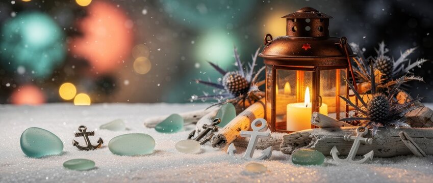 Nautical lantern with lit candle on snow with anchors and sea glass. Coastal holiday decor with driftwood and bokeh lights. Maritime theme for seasonal marketing and beach house cards.