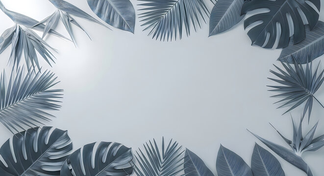 A beautiful frame made of various tropical palm leaves arranged on a soft light blue background with copy space area