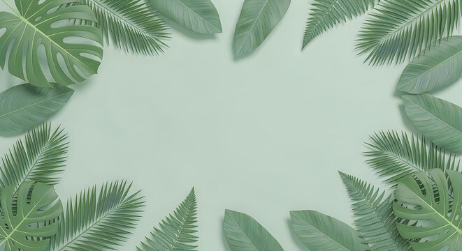 A beautiful flat lay composition featuring various green tropical palm leaves arranged as a natural frame on light background