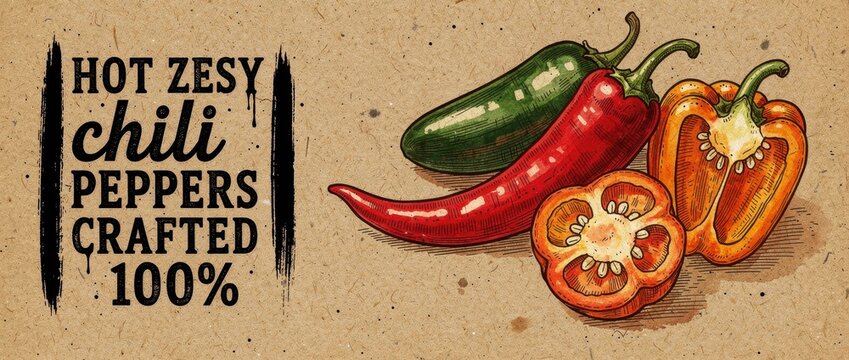Hand-drawn vintage illustration of chili peppers on kraft paper background. Retro sketch style featuring red and green spicy peppers. Organic food design for hot sauce labels and menu graphics.