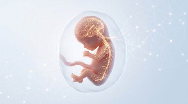 fetus curled up in a transparent sphere, surrounded by an orange liquid and glowing tendrils , a new born baby growth in wormth of mother concept created with generative ai
