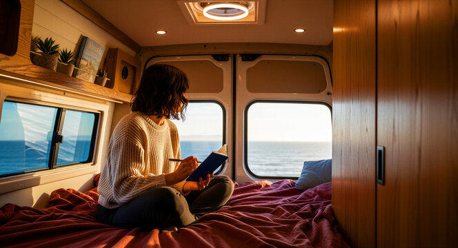 Woman sitting on bed in camper van writing in journal. Traveler relaxing inside cozy motorhome looking at ocean sunset. Van life and digital nomad lifestyle concept, ideal for travel marketing.
