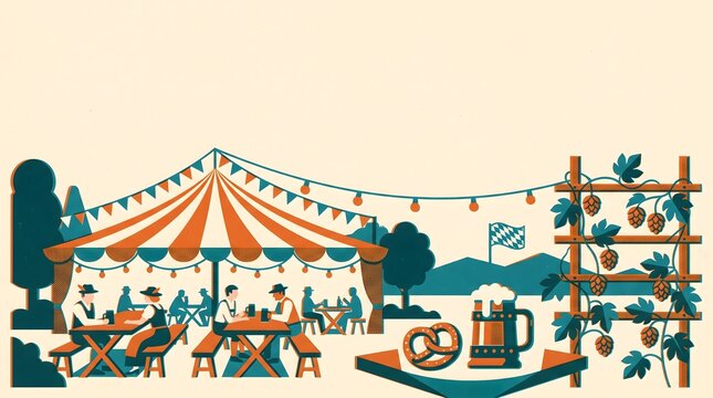 Oktoberfest beer garden scene with people drinking under tent and festive decorations.