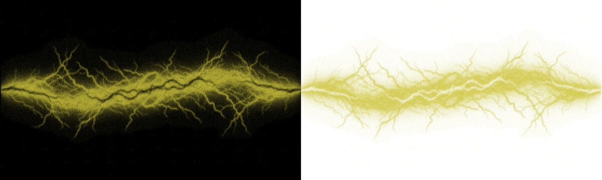 Electric yellow lightning bolt overlays, glowing energy discharge on black and white backgrounds, powerful static electricity sparks