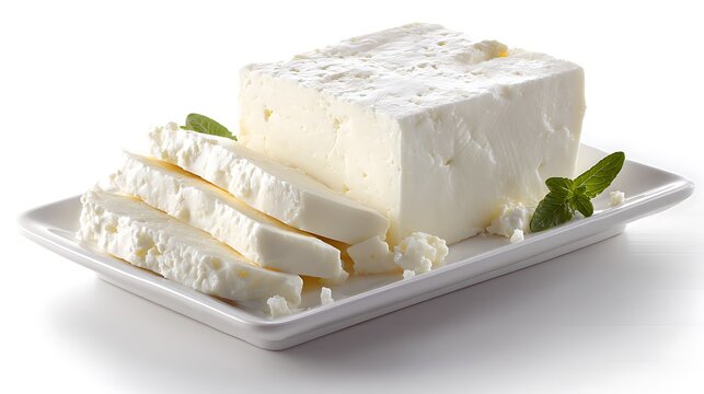 Sliced White Cheese Block with Fresh Herbs on White Plate, Minimalist Dairy Product Close-Up