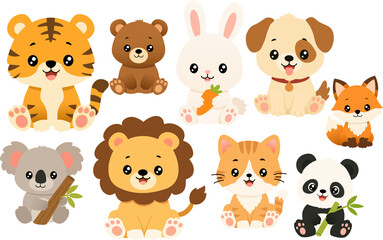 Obraz premium Cute Set of Cartoon Baby Animal Illustrations Featuring a Tiger Bear Rabbit Dog Fox Koala Lion Cat and Panda Sitting Together