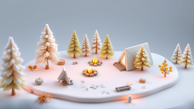 Miniature camping scene. Tents, trees, fires, foliage present on circular platform. Soft lighting, simple design.