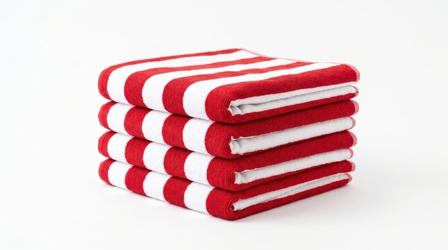 A stack of four folded red and white striped beach towels piled neatly on a clean white background representing luxury home textile linen products